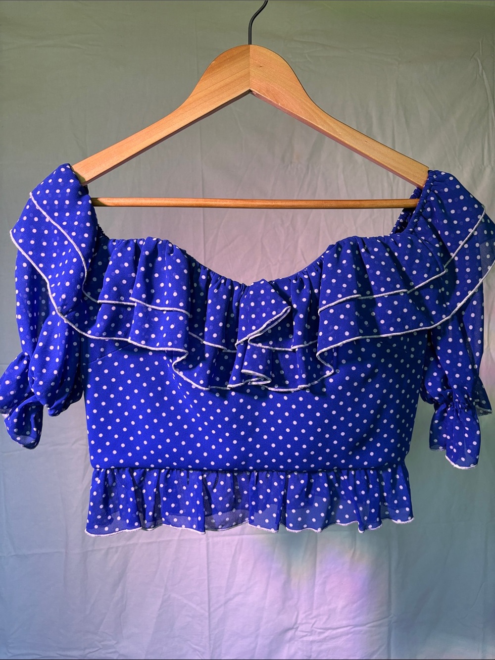 Lovers + Friends Blue Polka Dot Ruffle Off-Shoulder Top